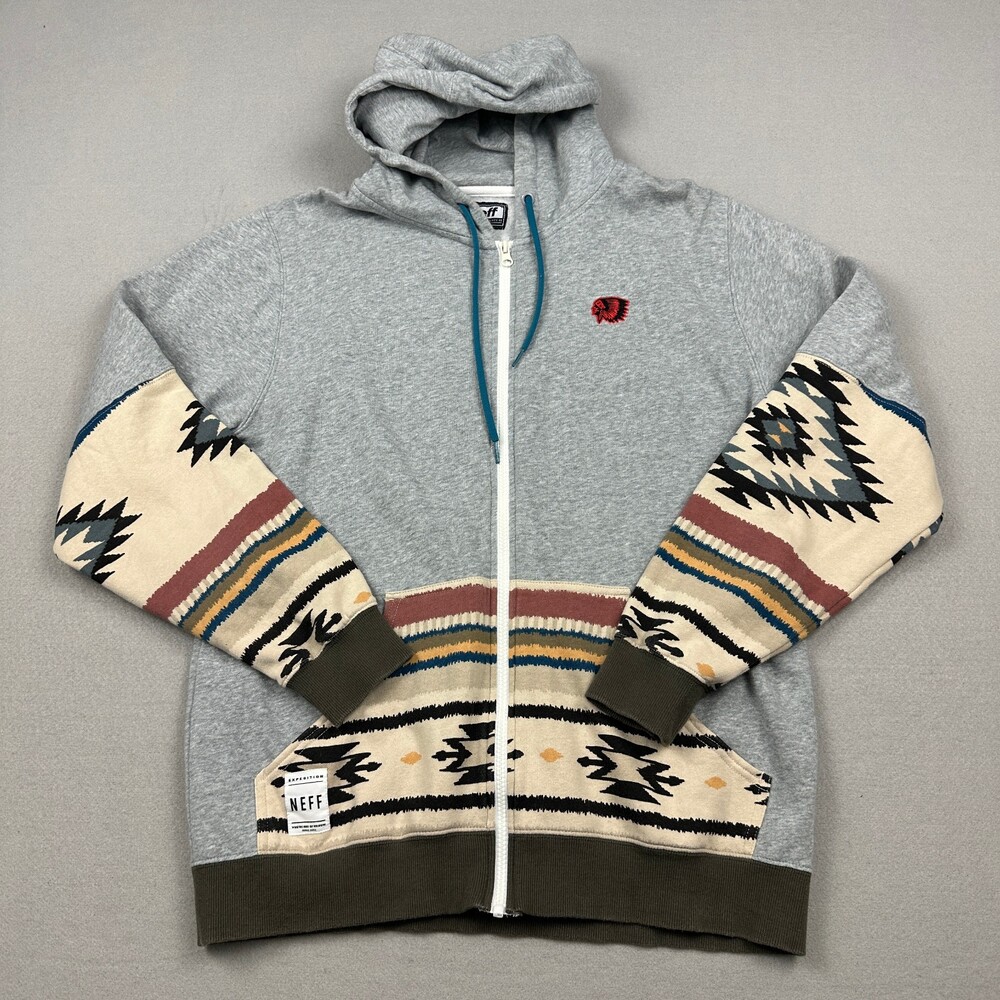 Neff Hoodie Men Medium Gray Southwestern Aztec Full Zip Fleece Sweatshirt M
